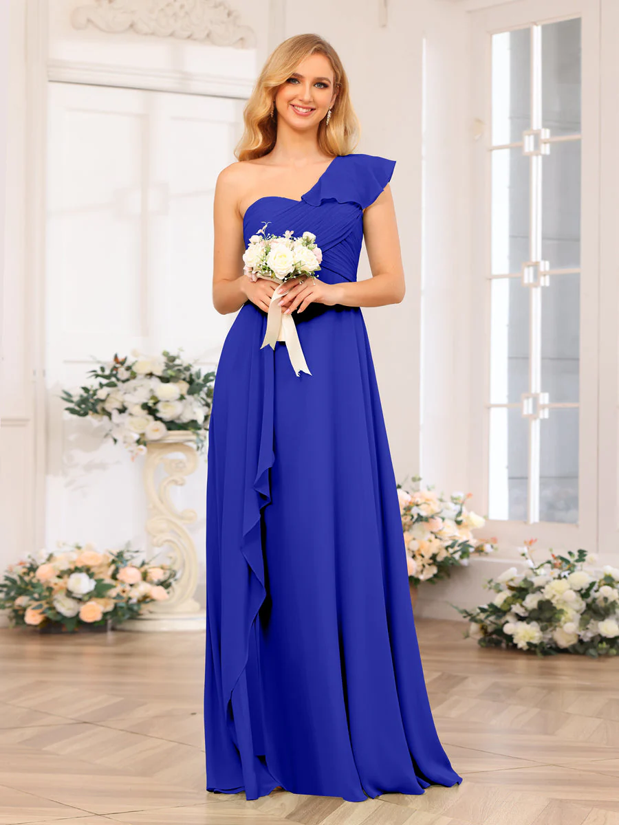 A-Line/Princess One-Shoulder Long Wedding Party Dresses with Split Side - Image 56