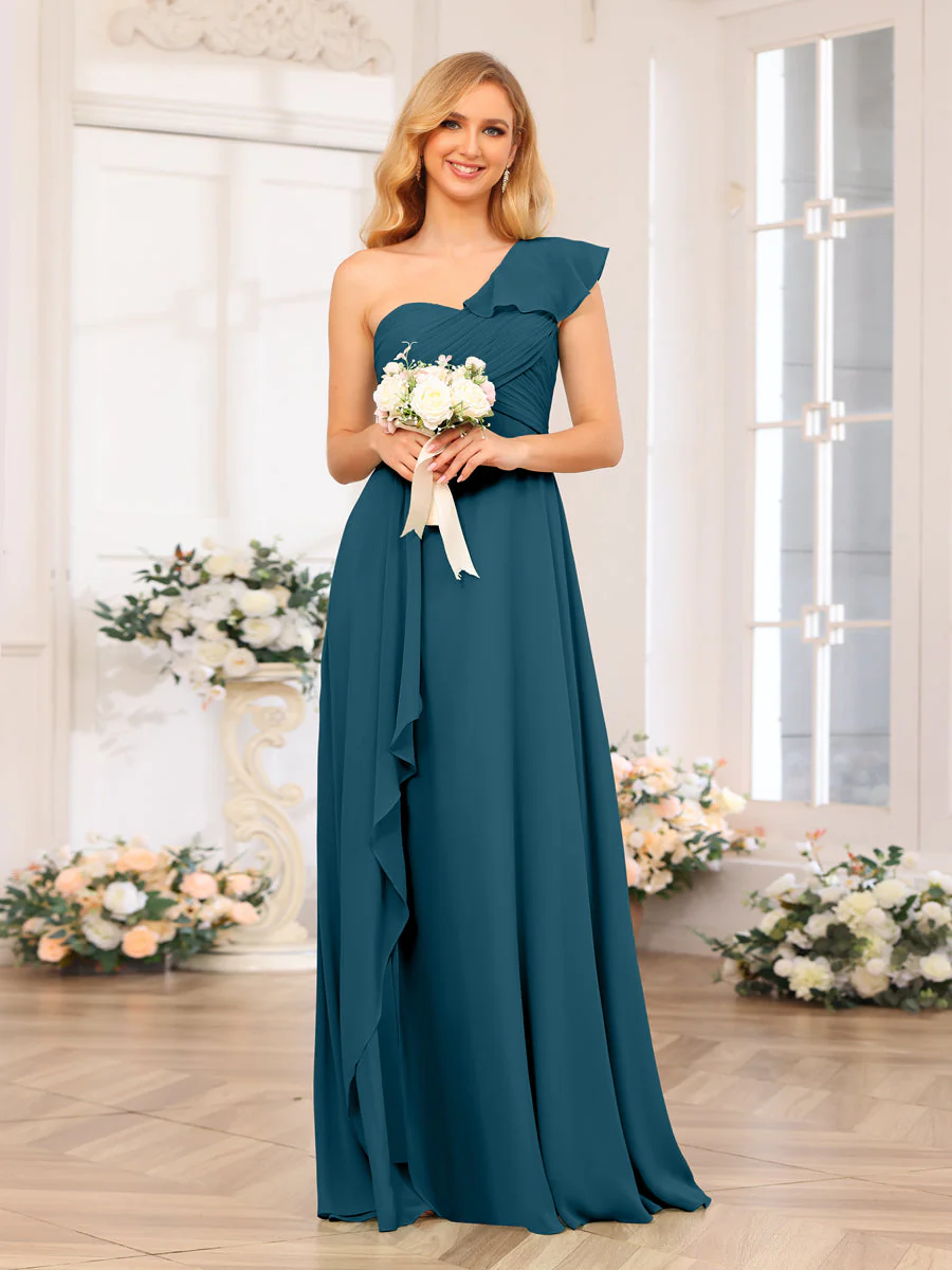 A-Line/Princess One-Shoulder Long Wedding Party Dresses with Split Side - Image 59