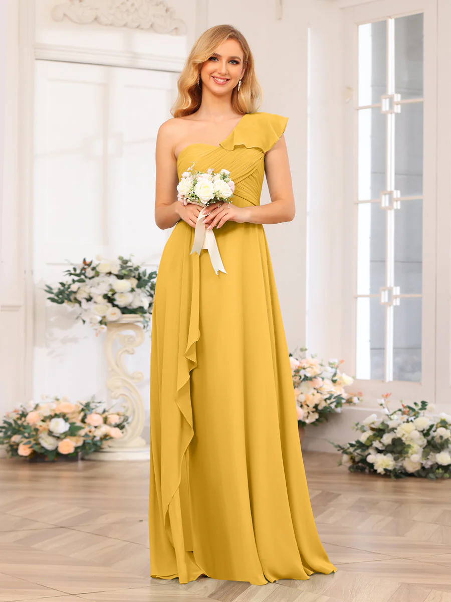 A-Line/Princess One-Shoulder Long Wedding Party Dresses with Split Side - Image 71