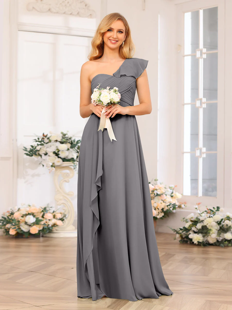A-Line/Princess One-Shoulder Long Wedding Party Dresses with Split Side - Image 75