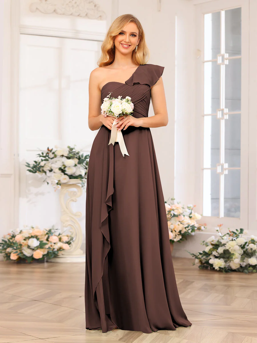 A-Line/Princess One-Shoulder Long Wedding Party Dresses with Split Side - Image 77