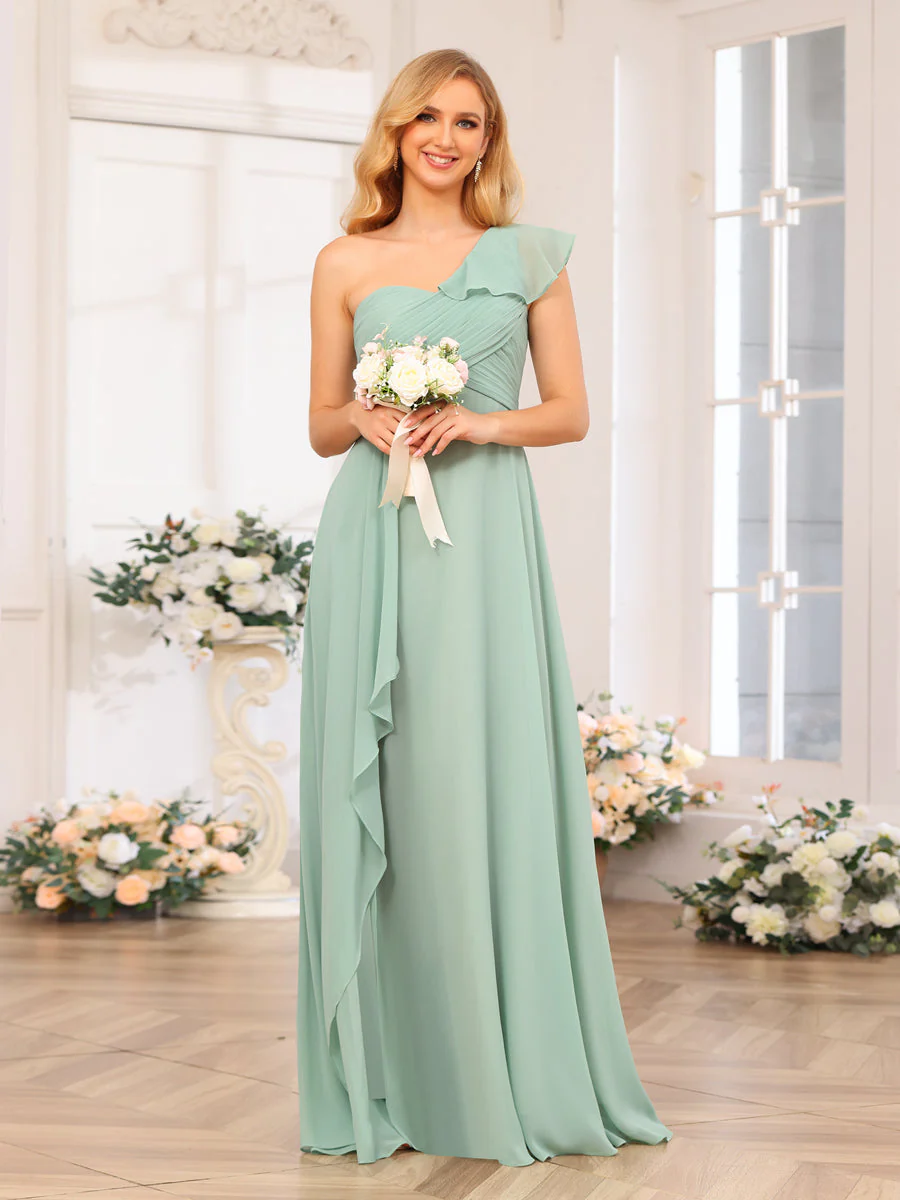 A-Line/Princess One-Shoulder Long Wedding Party Dresses with Split Side - Image 8