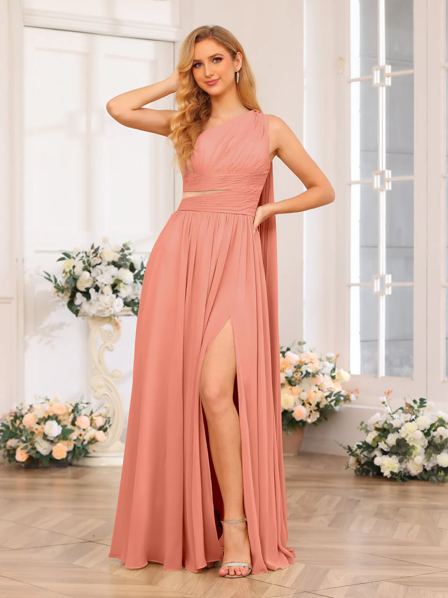 A-Line/Princess One-Shoulder Long Wedding Party Dresses with Watteau Train - Image 18