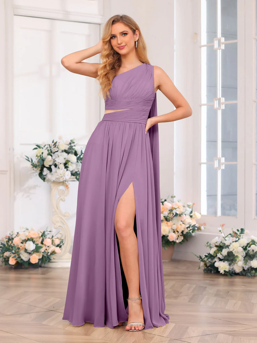 A-Line/Princess One-Shoulder Long Wedding Party Dresses with Watteau Train - Image 41