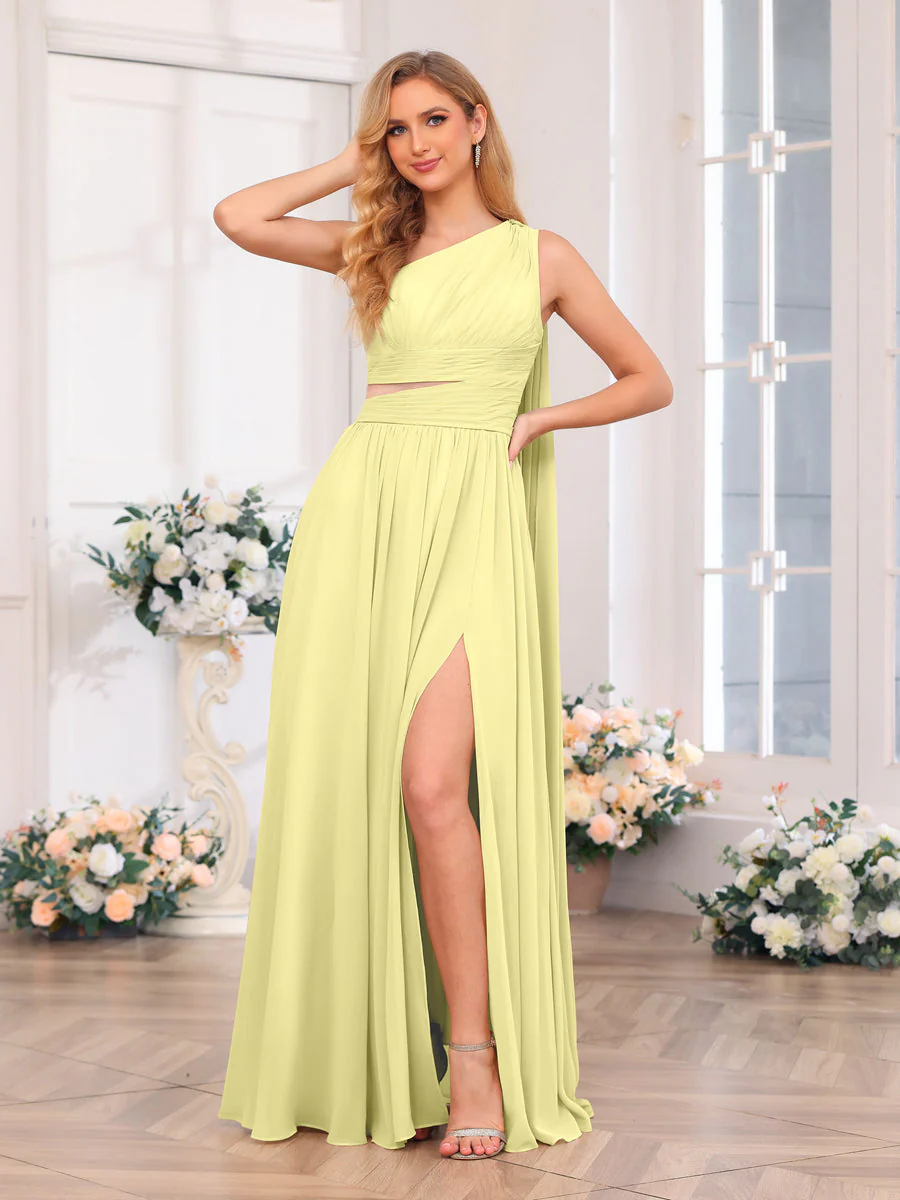 A-Line/Princess One-Shoulder Long Wedding Party Dresses with Watteau Train - Image 70