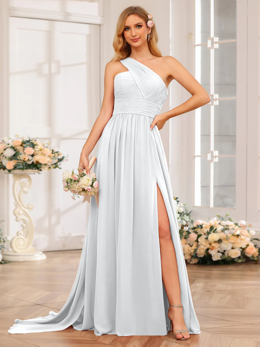 A-Line/Princess One-Shoulder Long Wedding Party Dresses with Watteau Train - Image 21