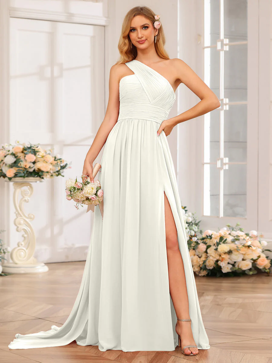 A-Line/Princess One-Shoulder Long Wedding Party Dresses with Watteau Train - Image 23