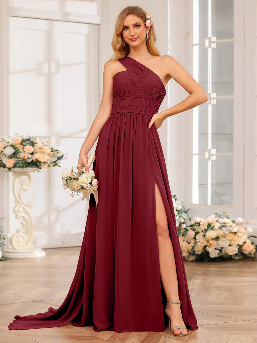 A-Line/Princess One-Shoulder Long Wedding Party Dresses with Watteau Train - Image 38
