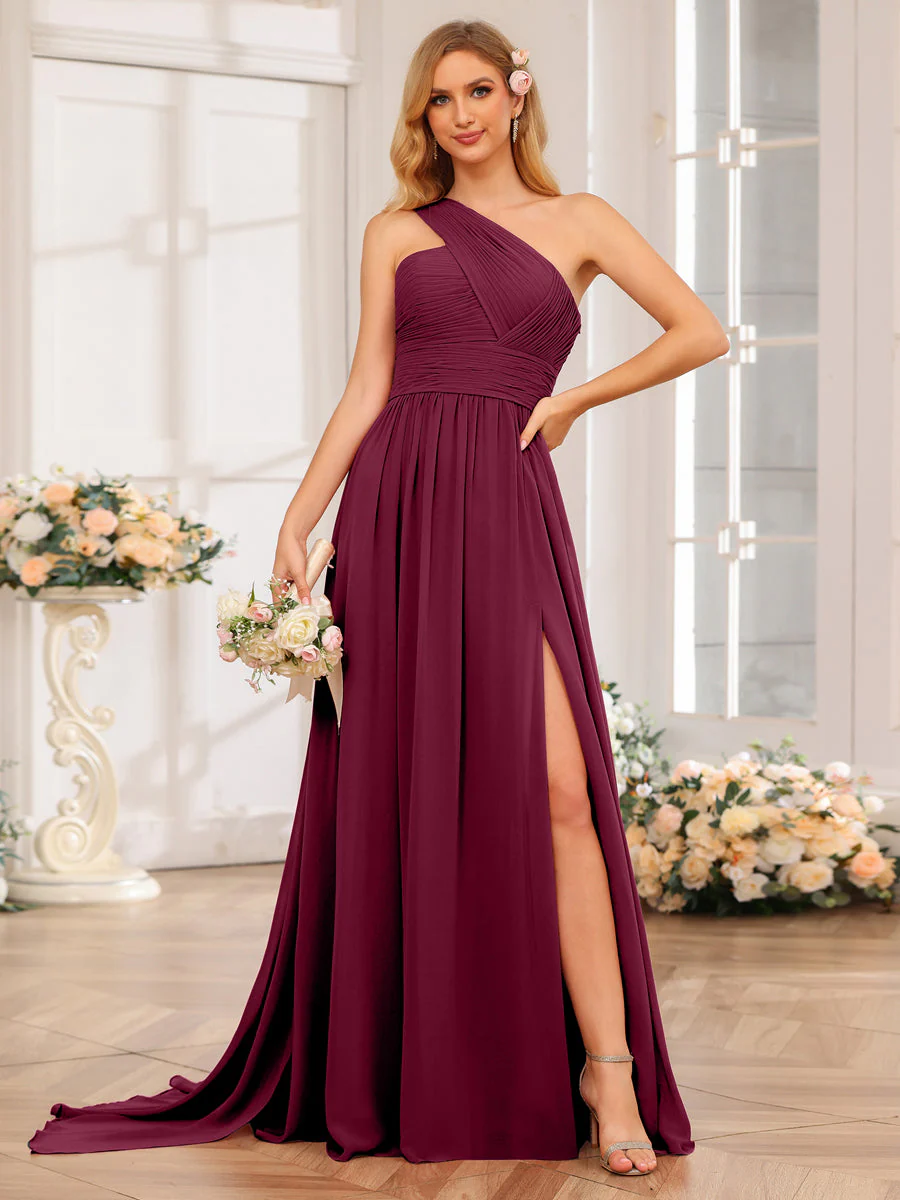 A-Line/Princess One-Shoulder Long Wedding Party Dresses with Watteau Train - Image 39