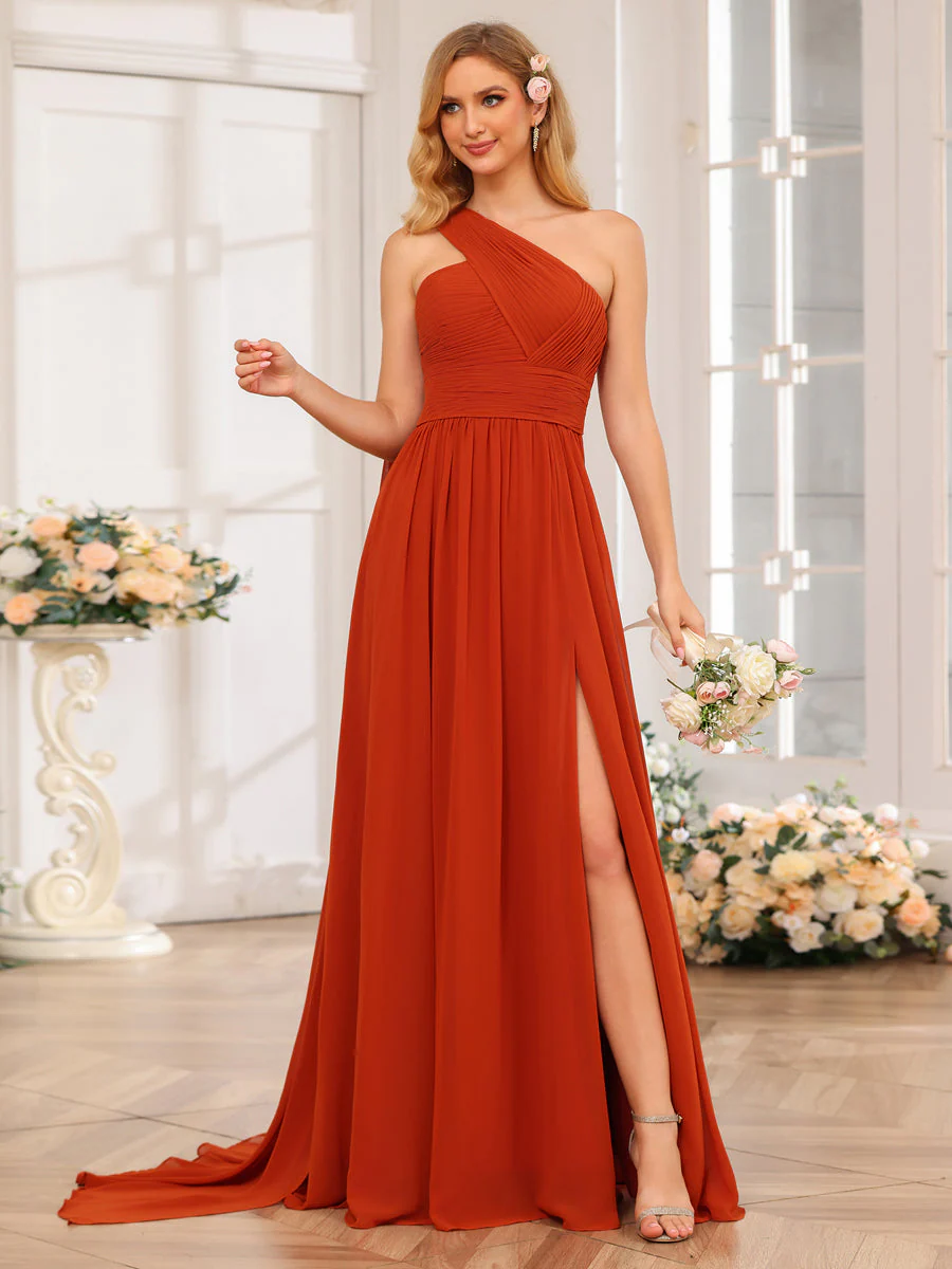A-Line/Princess One-Shoulder Long Wedding Party Dresses with Watteau Train - Image 4