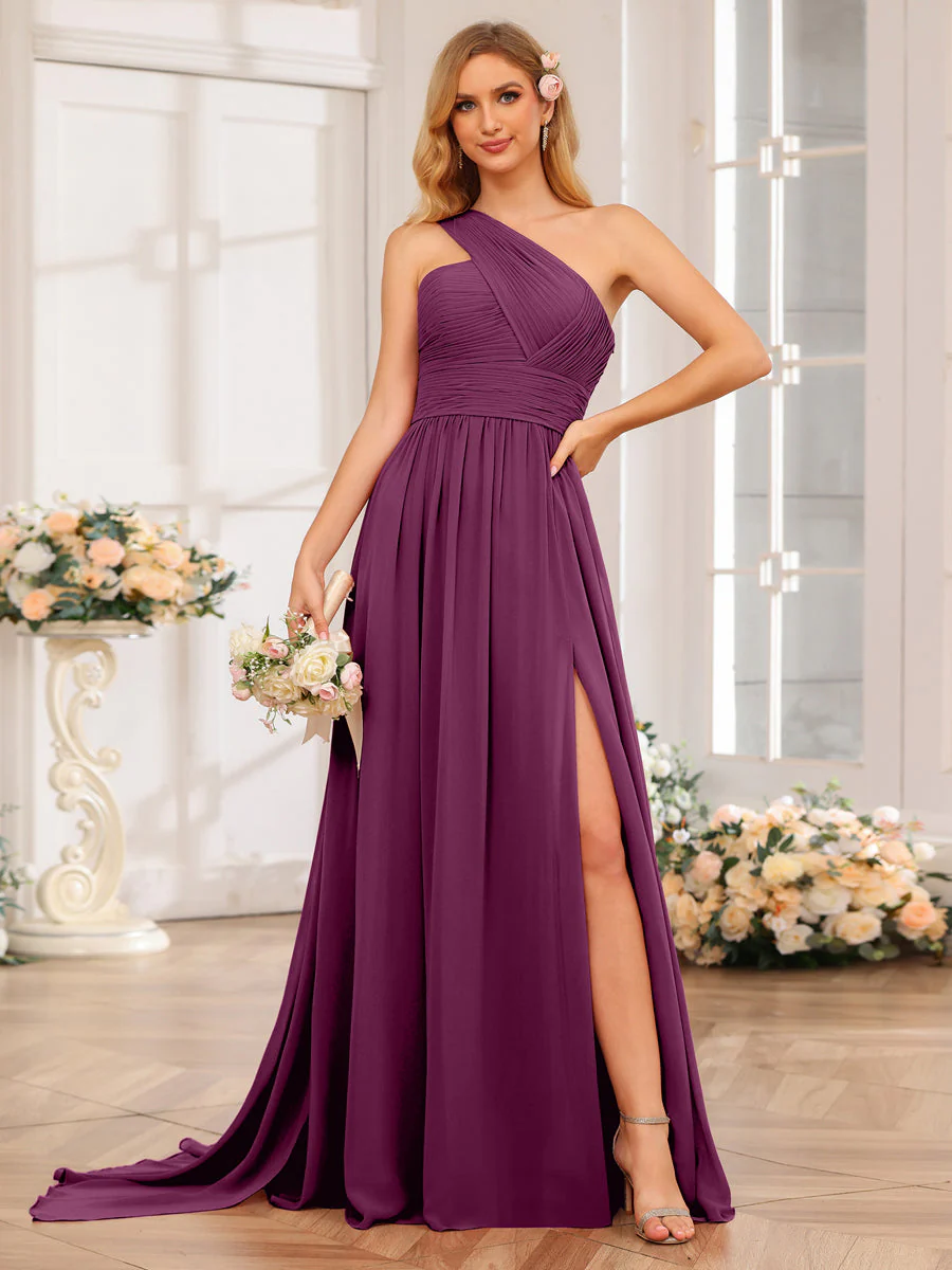 A-Line/Princess One-Shoulder Long Wedding Party Dresses with Watteau Train - Image 45