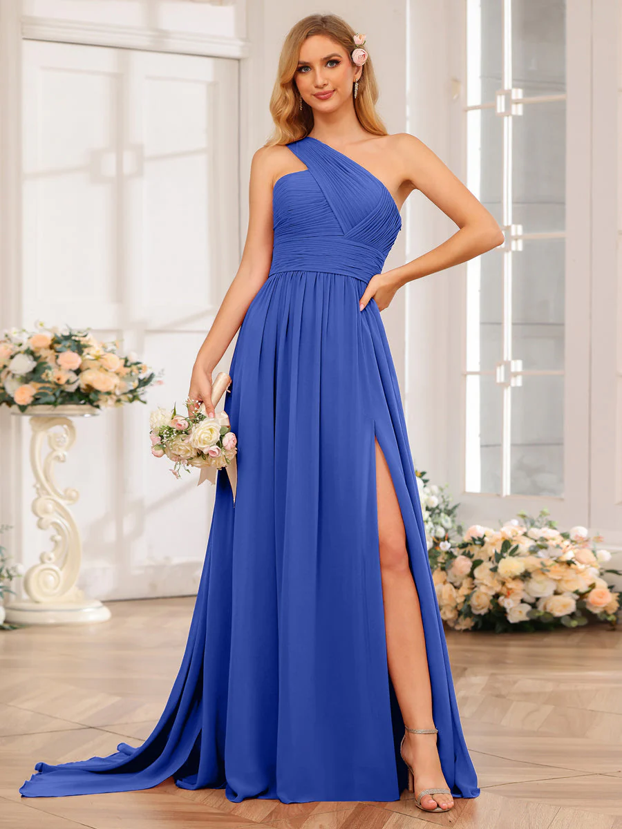 A-Line/Princess One-Shoulder Long Wedding Party Dresses with Watteau Train - Image 55