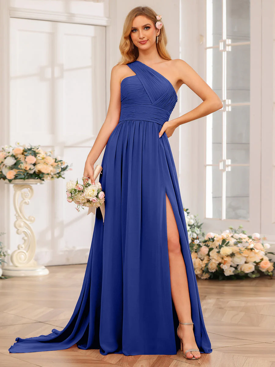 A-Line/Princess One-Shoulder Long Wedding Party Dresses with Watteau Train - Image 57