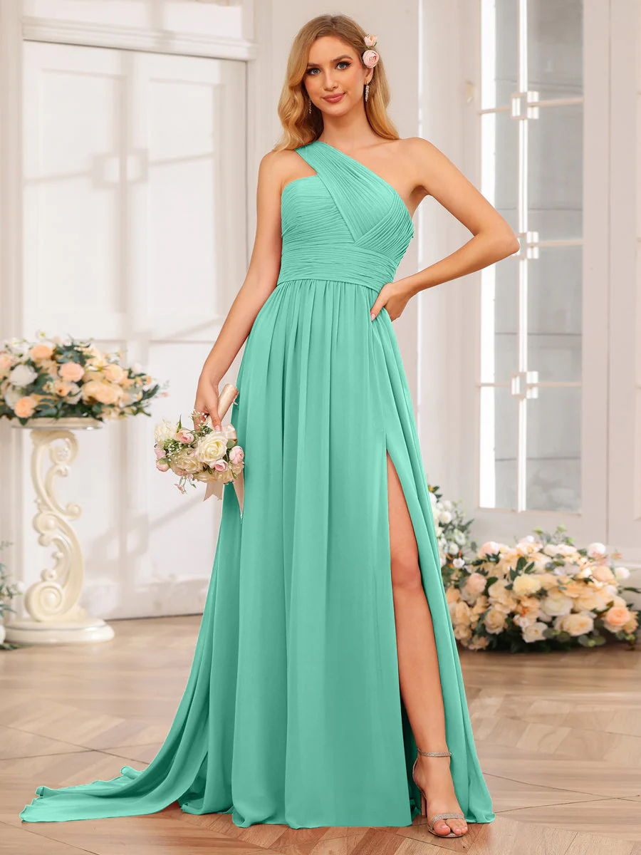 A-Line/Princess One-Shoulder Long Wedding Party Dresses with Watteau Train - Image 63