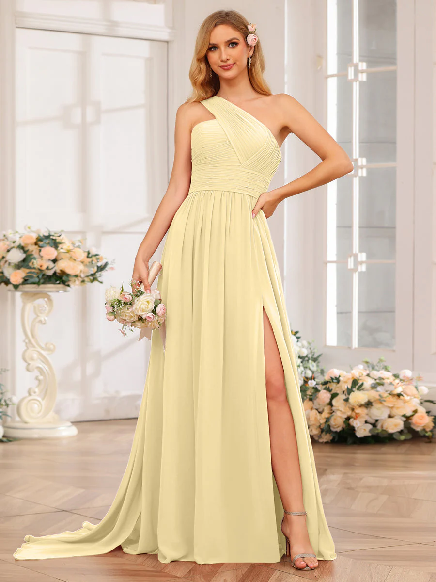 A-Line/Princess One-Shoulder Long Wedding Party Dresses with Watteau Train - Image 69