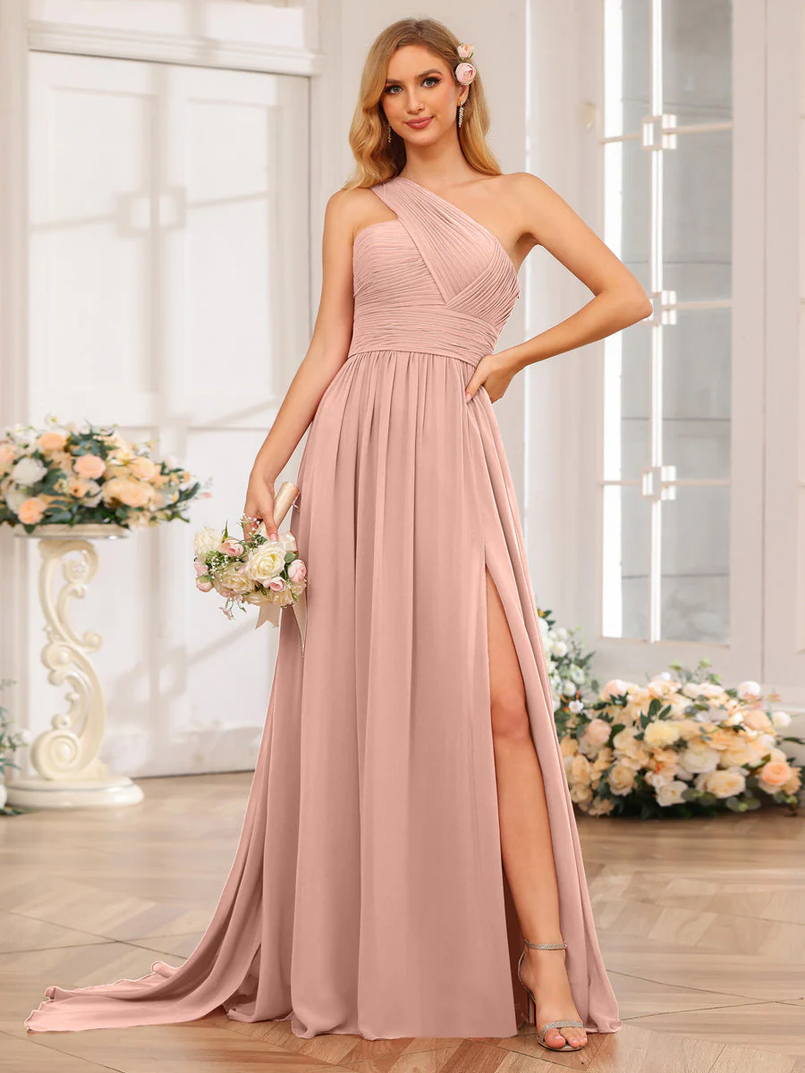 A-Line/Princess One-Shoulder Long Wedding Party Dresses with Watteau Train - Image 9