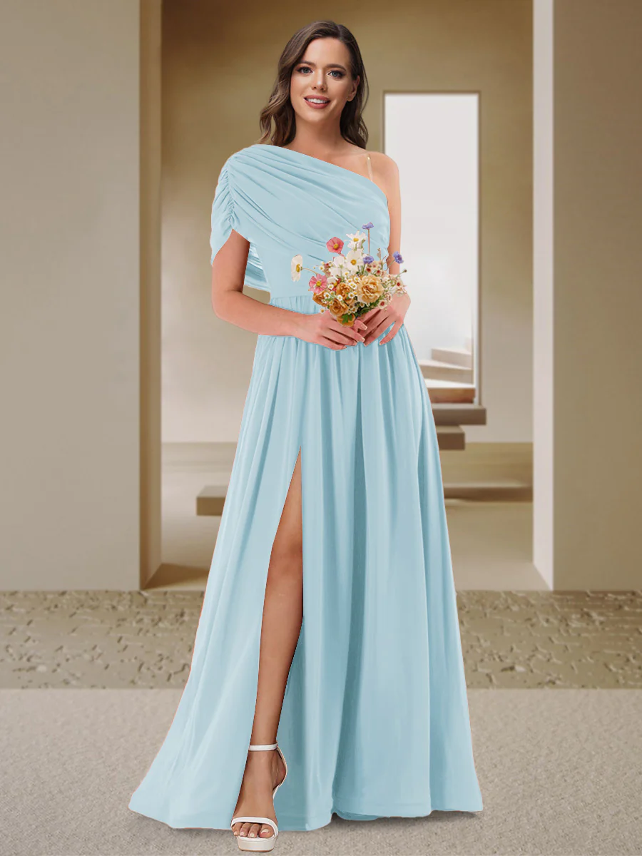 A-Line/Princess One-Shoulder Ruched Satin Bridesmaid Dresses with Side Slit - Image 22