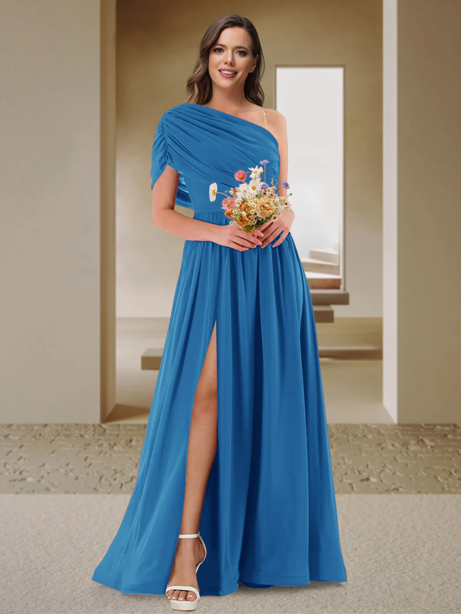A-Line/Princess One-Shoulder Ruched Satin Bridesmaid Dresses with Side Slit - Image 40