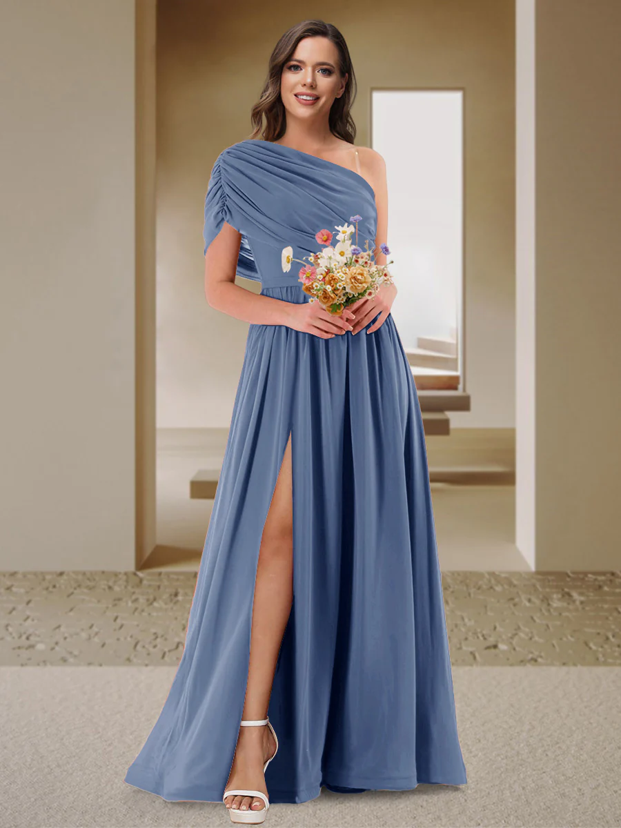 A-Line/Princess One-Shoulder Ruched Satin Bridesmaid Dresses with Side Slit - Image 45