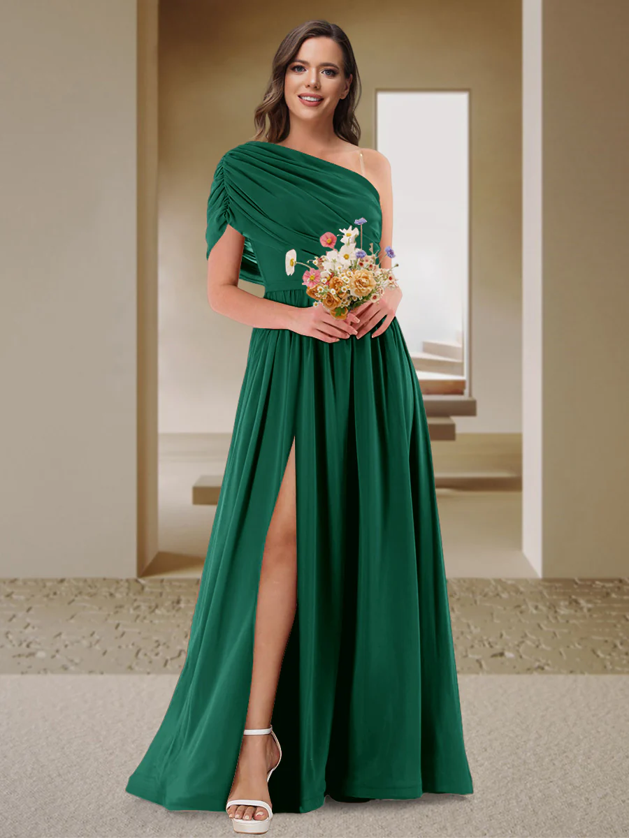 A-Line/Princess One-Shoulder Ruched Satin Bridesmaid Dresses with Side Slit - Image 49
