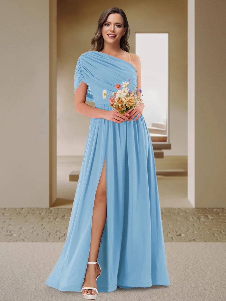 A-Line/Princess One-Shoulder Ruched Satin Bridesmaid Dresses with Side Slit - Image 66