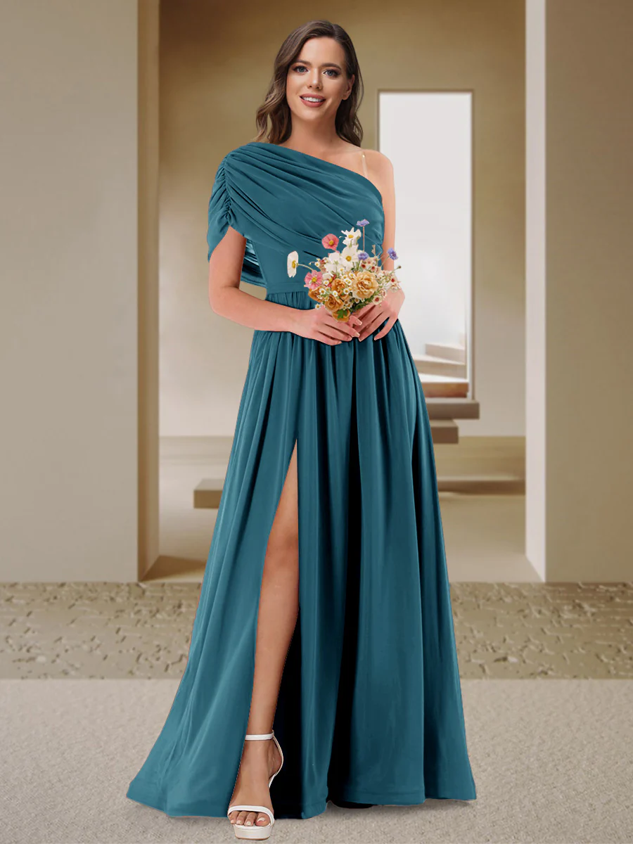 A-Line/Princess One-Shoulder Ruched Satin Bridesmaid Dresses with Side Slit - Image 69