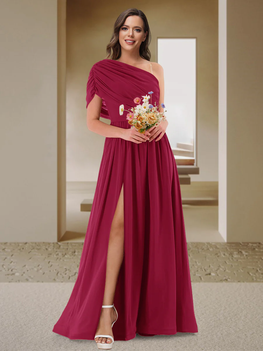 A-Line/Princess One-Shoulder Ruched Satin Bridesmaid Dresses with Side Slit - Image 71