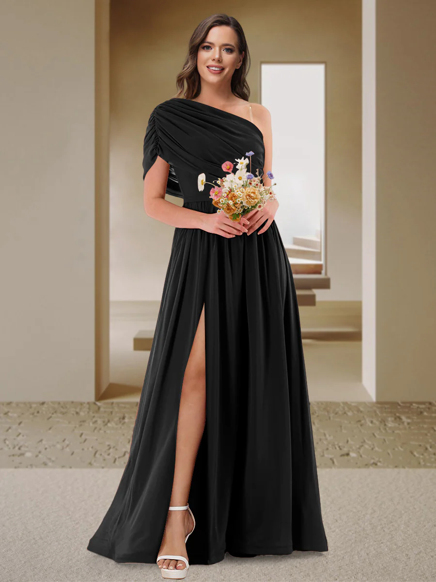 A-Line/Princess One-Shoulder Ruched Satin Bridesmaid Dresses with Side Slit - Image 8