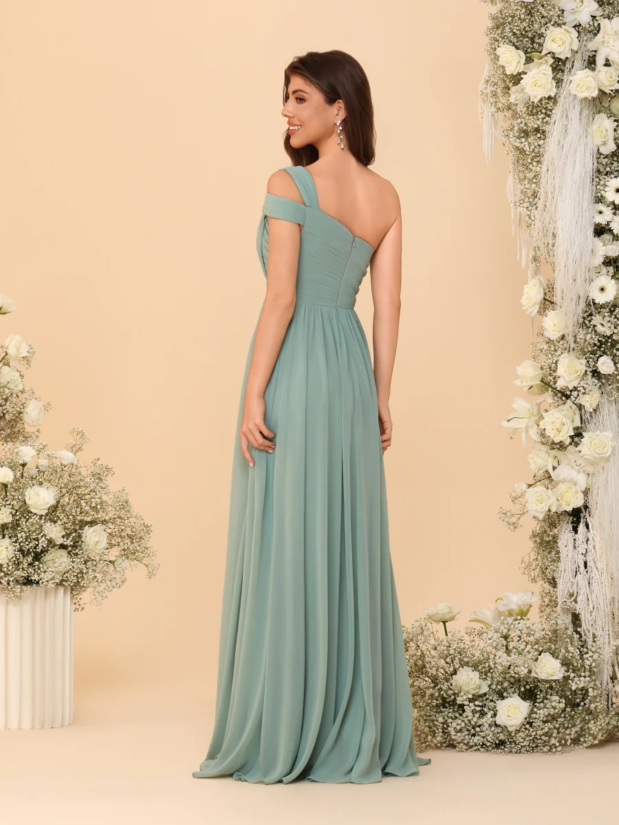 A-Line/Princess One-Shoulder Sleeveless Floor-Length Ruched Plus Size Bridesmaid Dresses With Side Slit - Image 2