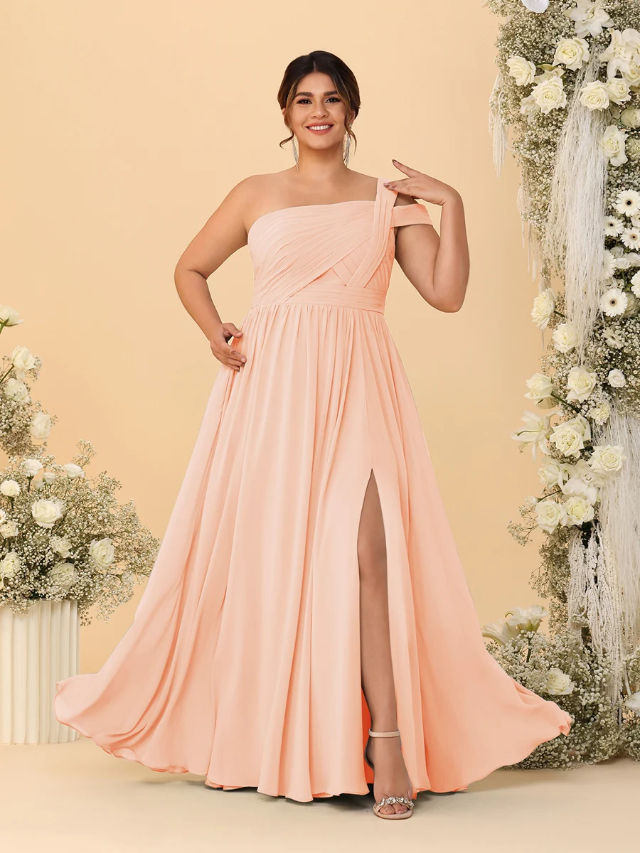 A-Line/Princess One-Shoulder Sleeveless Floor-Length Ruched Plus Size Bridesmaid Dresses With Side Slit - Image 25