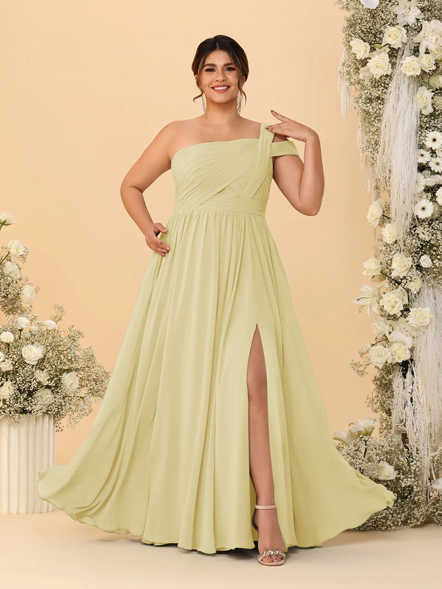 A-Line/Princess One-Shoulder Sleeveless Floor-Length Ruched Plus Size Bridesmaid Dresses With Side Slit - Image 34