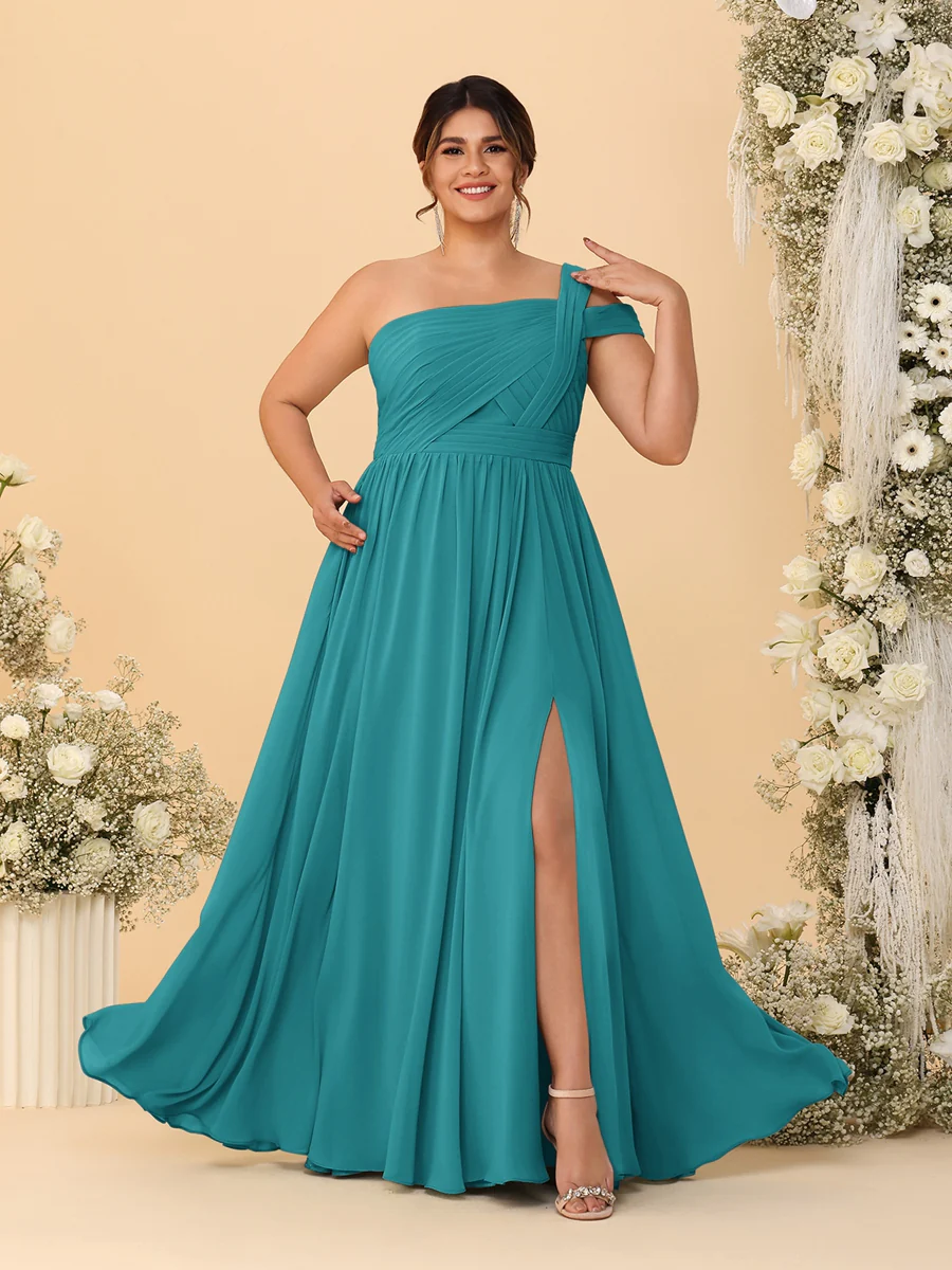 A-Line/Princess One-Shoulder Sleeveless Floor-Length Ruched Plus Size Bridesmaid Dresses With Side Slit - Image 35