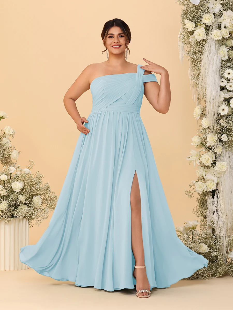 A-Line/Princess One-Shoulder Sleeveless Floor-Length Ruched Plus Size Bridesmaid Dresses With Side Slit - Image 49