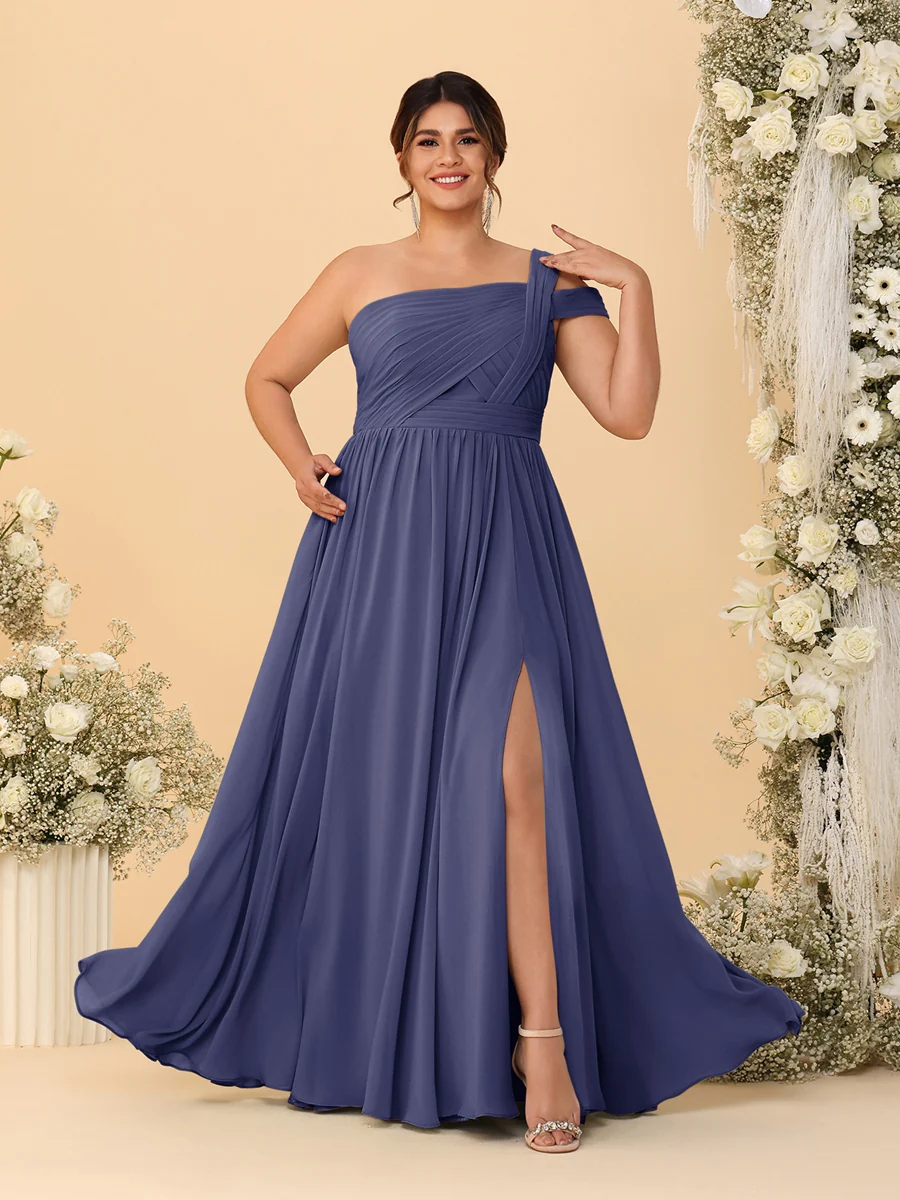 A-Line/Princess One-Shoulder Sleeveless Floor-Length Ruched Plus Size Bridesmaid Dresses With Side Slit - Image 71