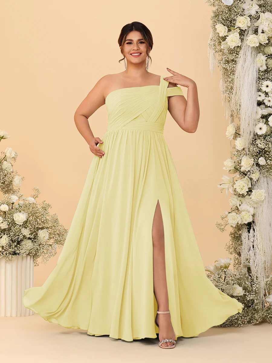 A-Line/Princess One-Shoulder Sleeveless Floor-Length Ruched Plus Size Bridesmaid Dresses With Side Slit - Image 8