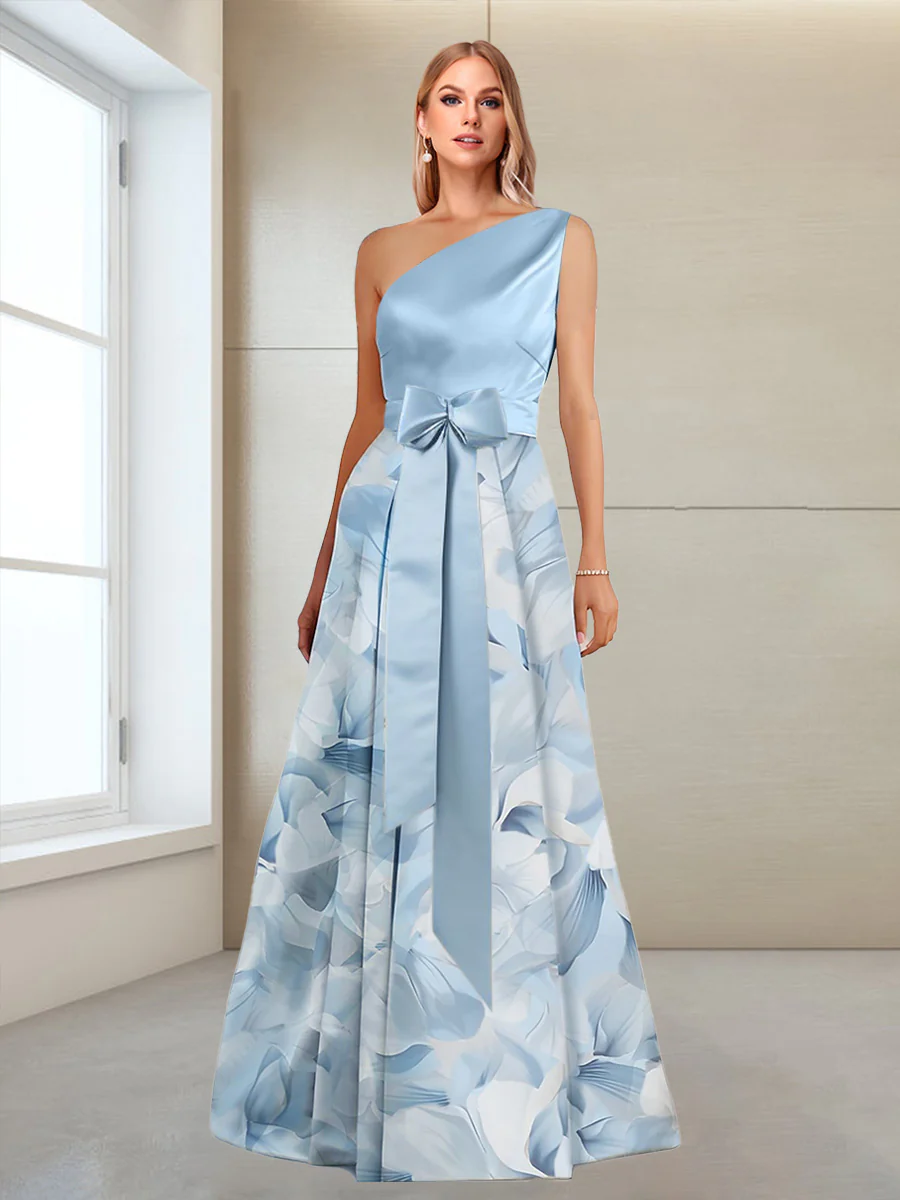 A-Line/Princess One-Shoulder Sleeveless Printed Floral Mother of the Bride Dresses with Bow - Image 3