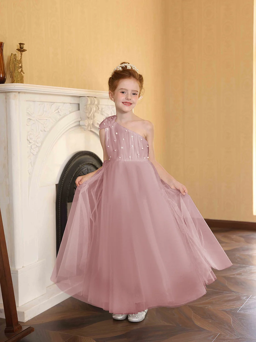A-Line/Princess One-Shoulder Tulle Flower Girl Dresses with Pearls - Image 26