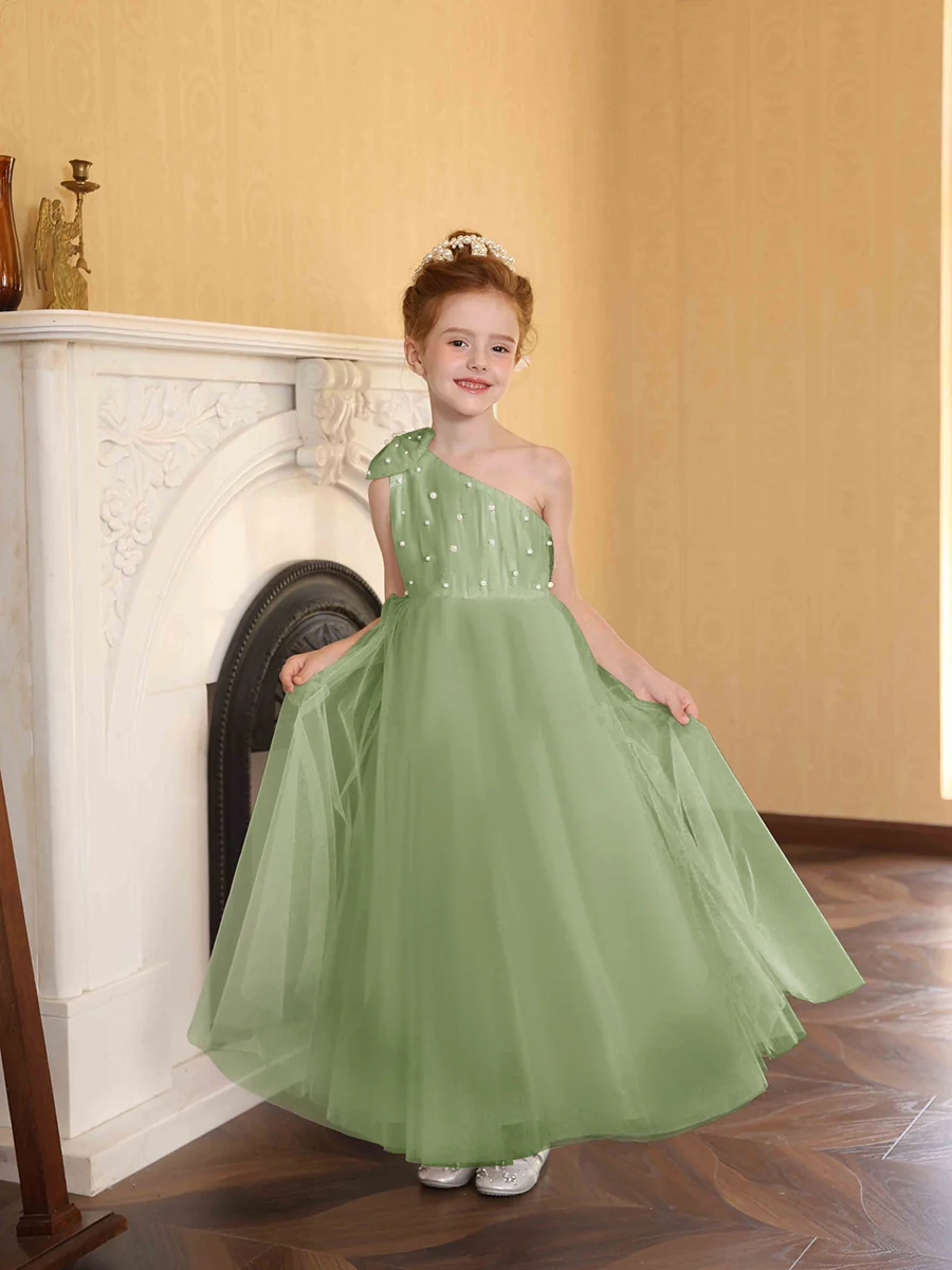 A-Line/Princess One-Shoulder Tulle Flower Girl Dresses with Pearls - Image 29