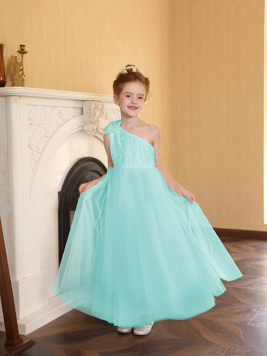 A-Line/Princess One-Shoulder Tulle Flower Girl Dresses with Pearls - Image 43