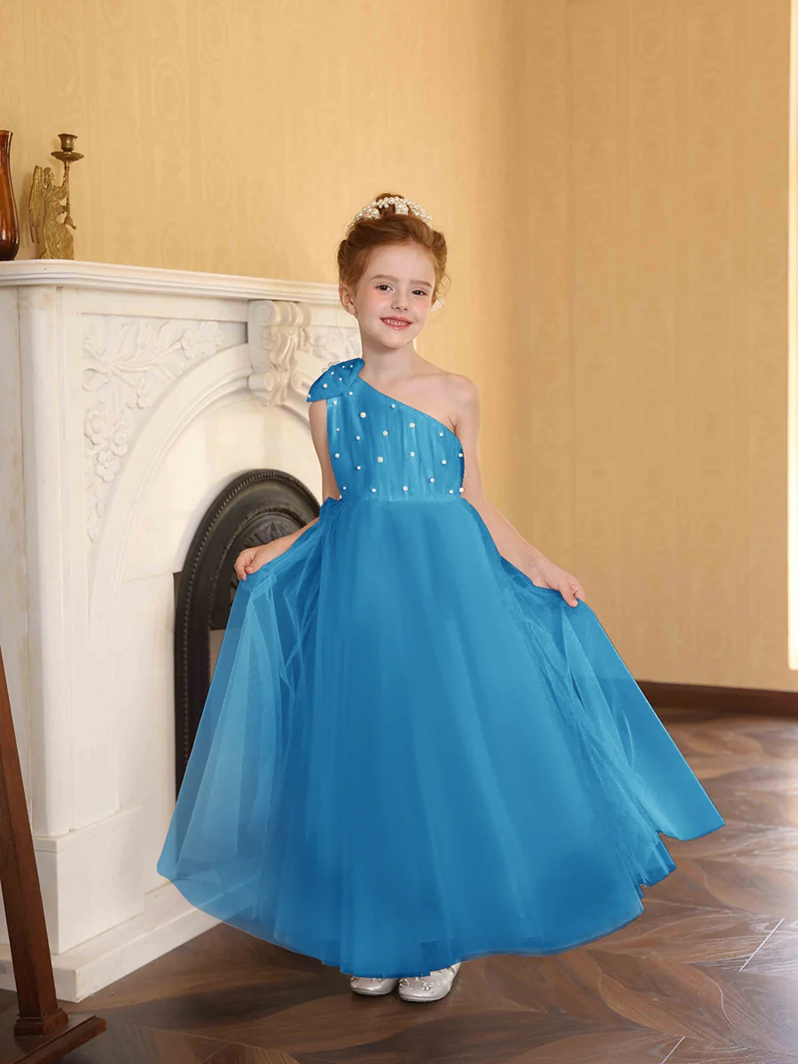 A-Line/Princess One-Shoulder Tulle Flower Girl Dresses with Pearls - Image 50