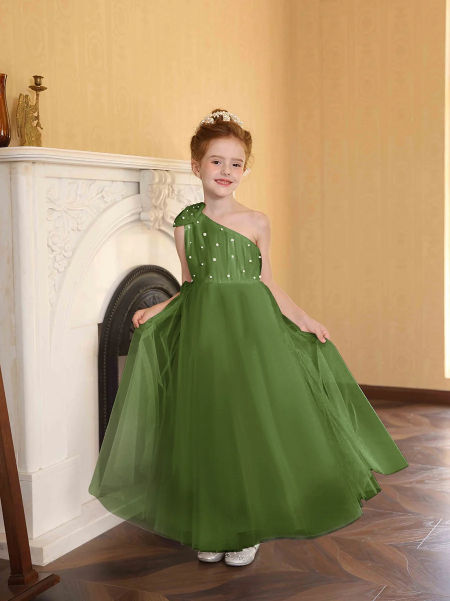 A-Line/Princess One-Shoulder Tulle Flower Girl Dresses with Pearls - Image 51