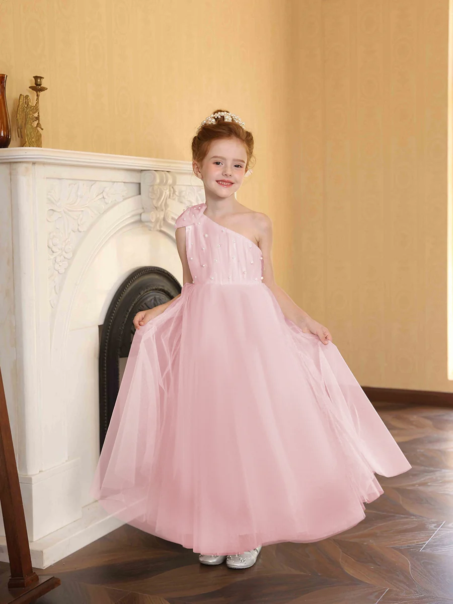 A-Line/Princess One-Shoulder Tulle Flower Girl Dresses with Pearls - Image 56
