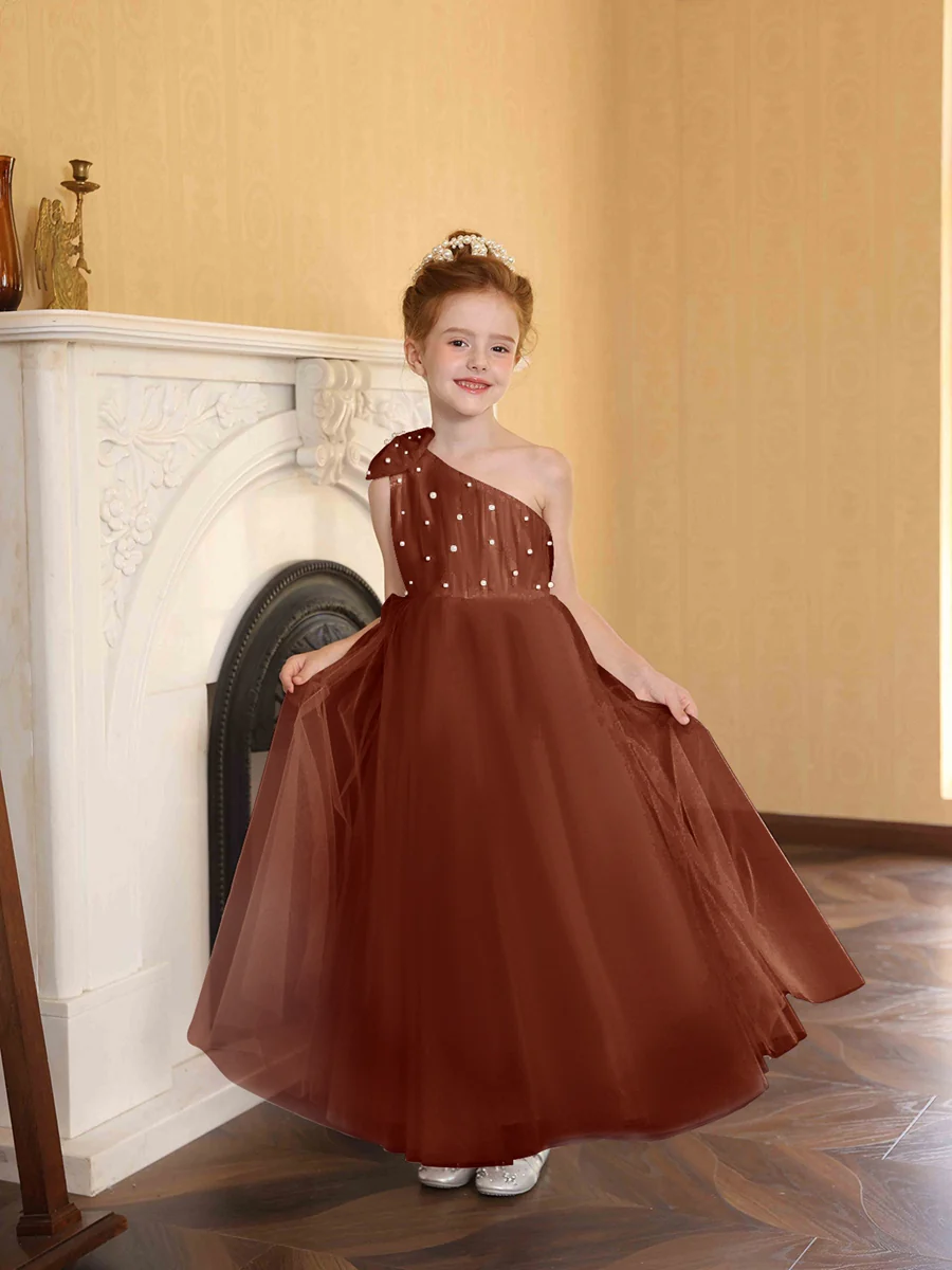 A-Line/Princess One-Shoulder Tulle Flower Girl Dresses with Pearls - Image 62