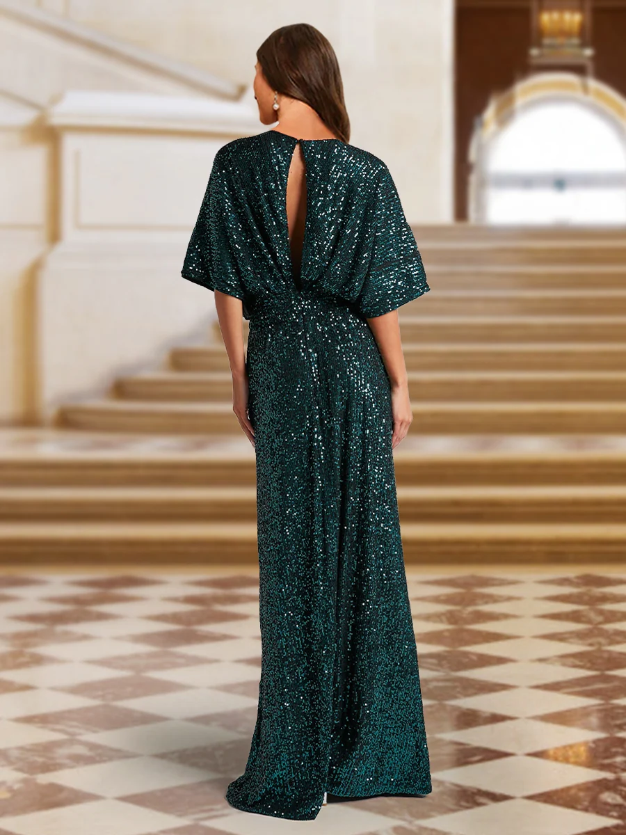 A-Line/Princess Plunging Neck Short Sleeves Sequin Evening Dresses with Split Side - Image 2