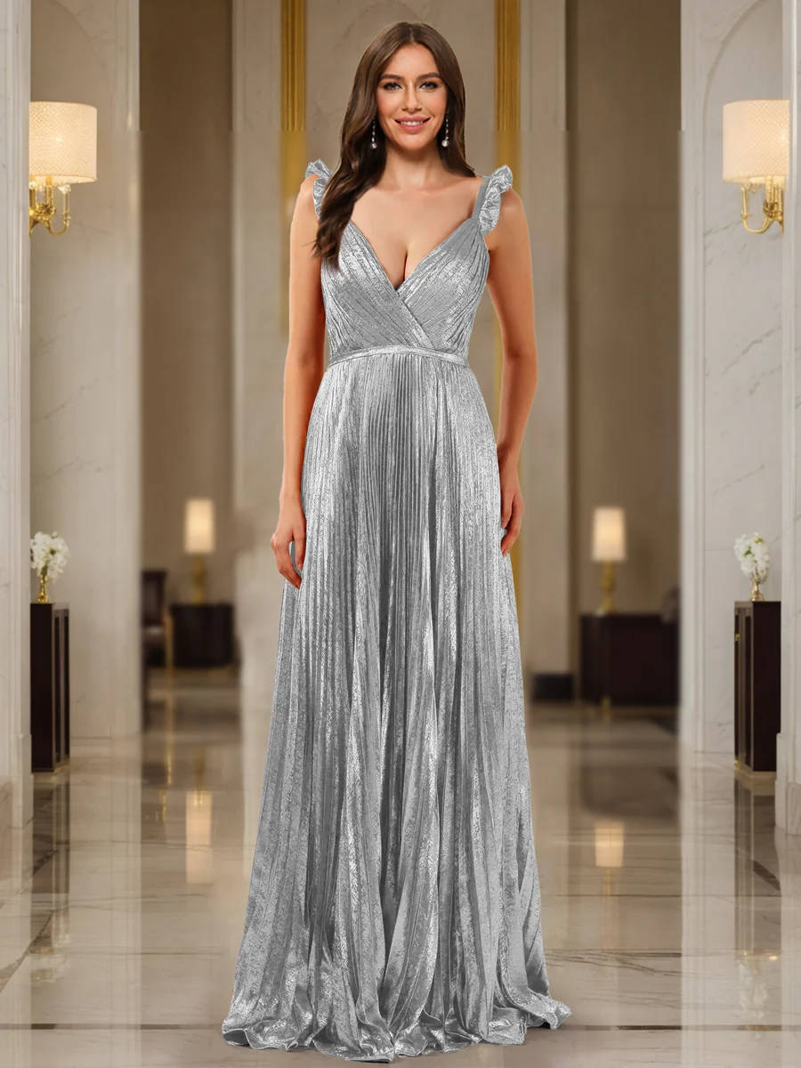 A-Line/Princess Plunging V-Neck Sleeveless Prom Dresses with Ruched - Image 25