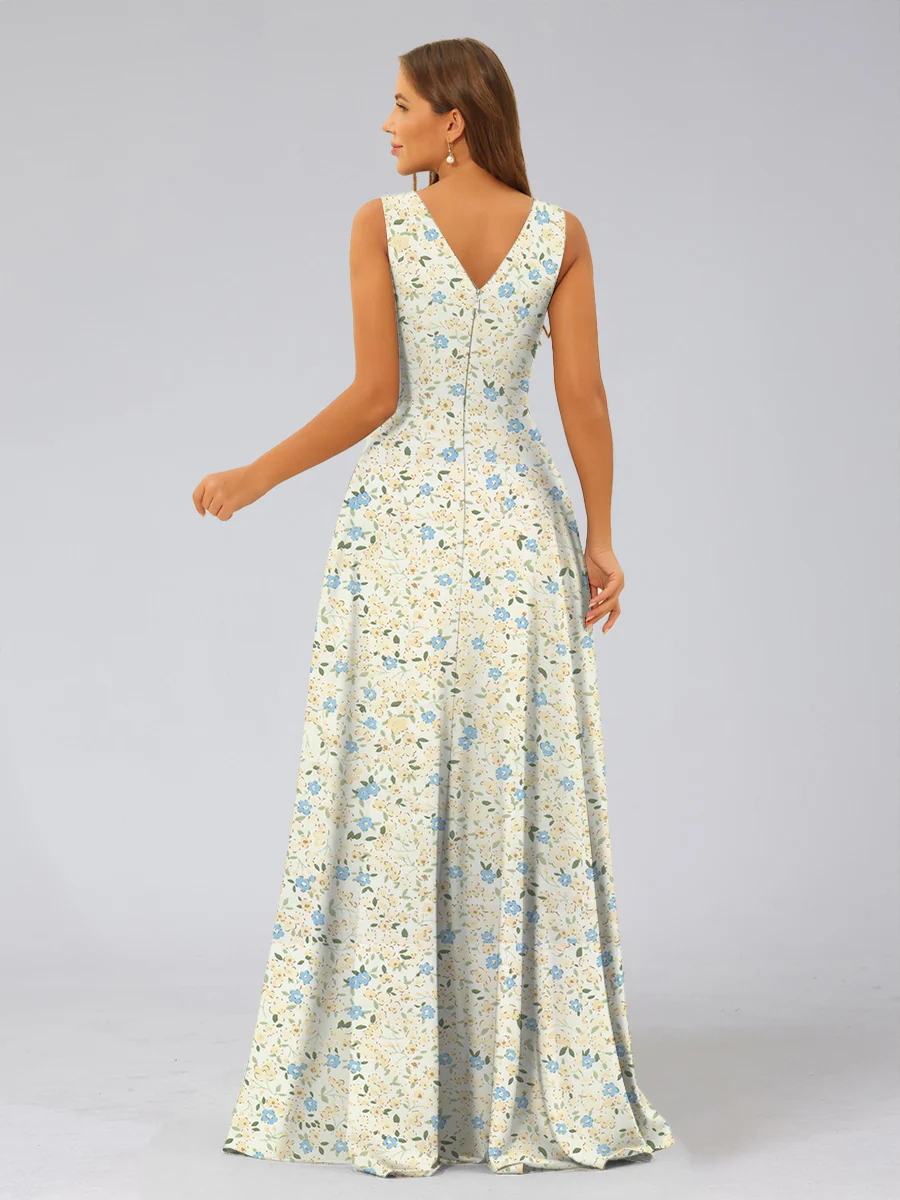 A-Line/Princess Plunging V-Neck Sleeveless Tiered Floral Bridesmaid Dresses - Image 2