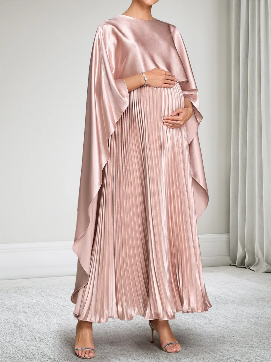 A-Line/Princess Round Neck Pleated Satin Ankle-Length Baby Shower Wedding Guest Dresses with Cape - Image 3