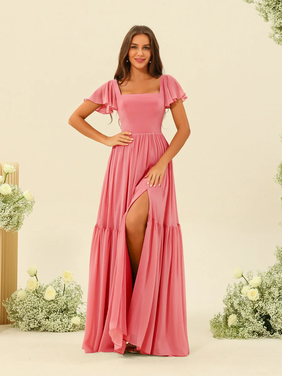 A-Line/Princess Ruffles Floor-Length Short Sleeves Bridesmaid Dresses - Image 17