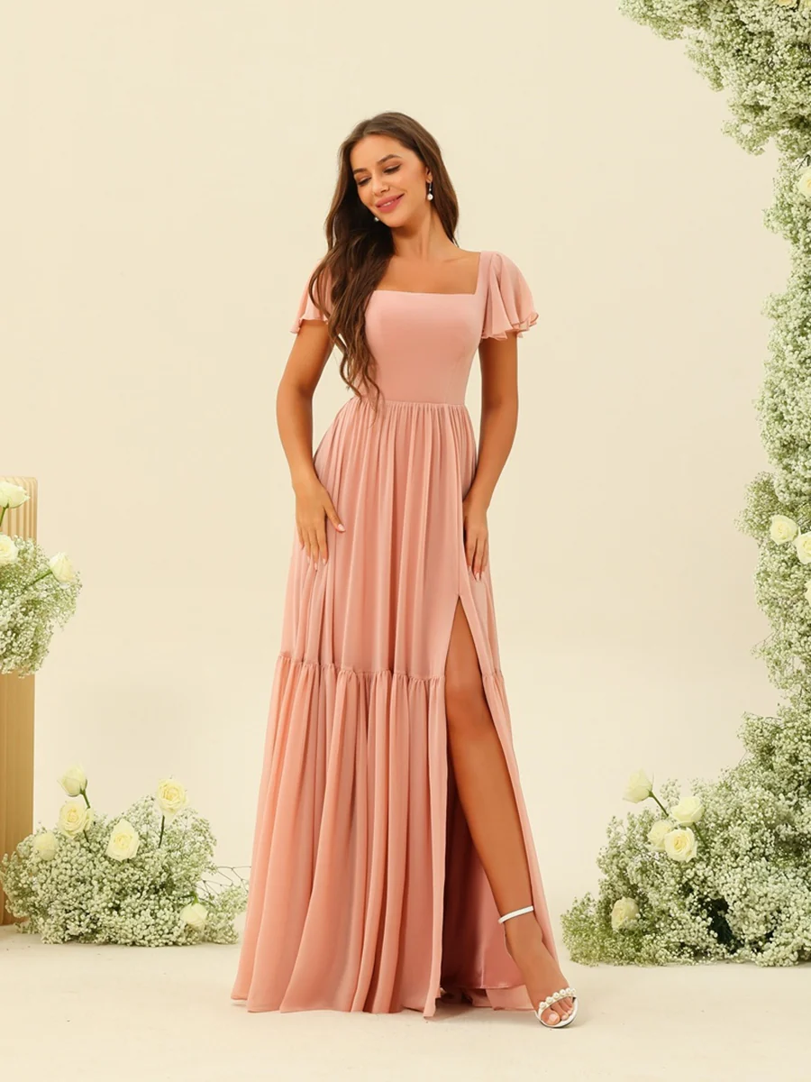 A-Line/Princess Ruffles Floor-Length Short Sleeves Bridesmaid Dresses - Image 3