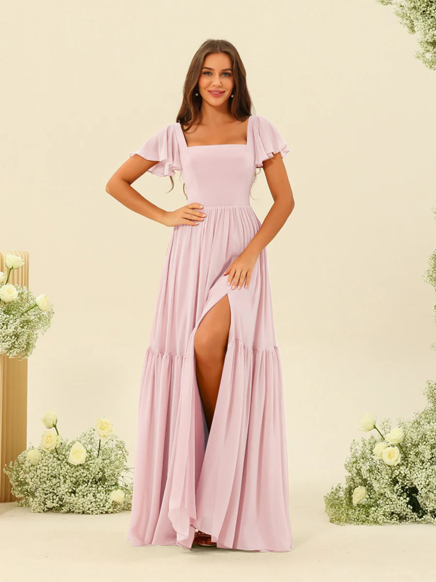 A-Line/Princess Ruffles Floor-Length Short Sleeves Bridesmaid Dresses - Image 39